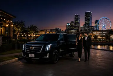 Luxury black Cadillac Escalade with Lavish Ride branded license plate providing upscale leisure transportation throughout North Houston with elegant travelers, entertainment destinations, shopping districts, and The Woodlands Town Center skyline at dusk.