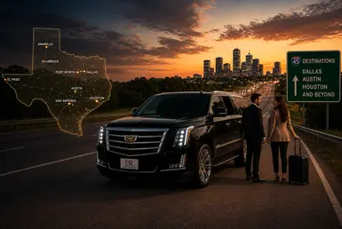 Luxury black Cadillac Escalade with Lavish Ride branded license plate providing long-distance private transportation from Conroe with elegant travelers, Texas highway views, professional chauffeur service, and illuminated city skyline at sunset.