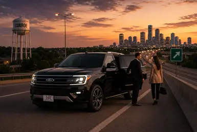 Luxury black Cadillac Escalade with Lavish Ride branded license plate providing regional transportation between Conroe and Houston with professional chauffeur service, upscale travelers, highway mobility, and illuminated Houston skyline at dusk.