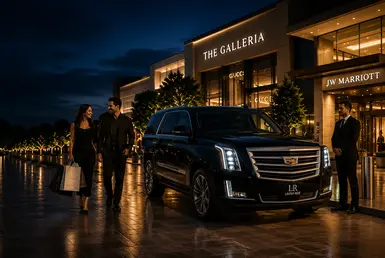 Luxury black Cadillac Escalade with Lavish Ride branded license plate providing upscale shopping, dining, and hotel transportation in Houston’s Galleria area with elegant travelers, luxury retail destinations, and premium hotel entrances at night.