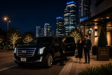 Luxury black car chauffeur service in Uptown Houston with Lavish Ride Cadillac SUV, professional chauffeur, and Post Oak Boulevard destination sign.