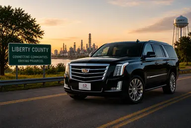 Luxury black Cadillac Escalade with Lavish Ride logo plate driving through Liberty County at sunset, representing regional mobility and private transportation connectivity between local communities, industrial corridors, & surrounding Texas destinations.