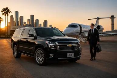 Black Chevrolet Suburban providing business and executive transportation between Houston and Weslaco, featuring Lavish Ride branding, corporate travelers, private aviation facilities, and professional chauffeured service for Rio Grande Valley travel.