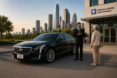 Non-emergency medical transportation featuring a professional chauffeur welcoming a passenger beside a luxury Cadillac sedan outside a medical facility for a comfortable city-to-city journey.