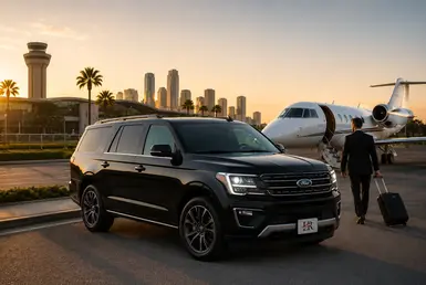 Lavish Ride airport transfer from Houston to Weslaco with a luxury Ford Expedition, private jet, airport terminal, and Rio Grande Valley destination sign.