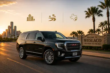 Lavish Ride luxury SUV in Weslaco, Texas with official branded plate, Rio Grande Valley welcome sign, and destination icons for regional transportation.