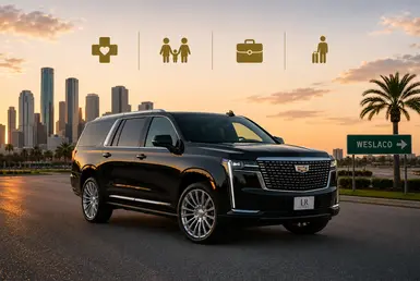 Lavish Ride luxury Cadillac SUV with official branded plate, traveler icons, and Weslaco Rio Grande Valley welcome sign for private transportation.