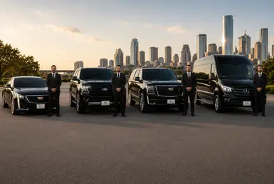 Houston intercity luxury transportation fleet featuring a Cadillac sedan, Ford Expedition SUV, Lincoln Navigator SUV, and Mercedes Sprinter van with professional chauffeurs.