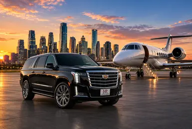 Luxury Cadillac Escalade with Lavish Ride branding parked beside a private jet on an airport tarmac with the Houston skyline at sunset.