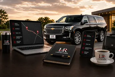 Travel resources and planning guides featuring a luxury SUV, route planning tools, travel schedules, and transportation information for seamless trip preparation.