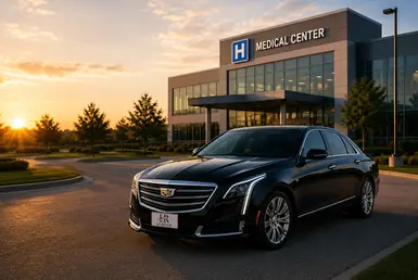 Medical transportation between Houston and Alexandria featuring a luxury Cadillac sedan outside a modern medical center.