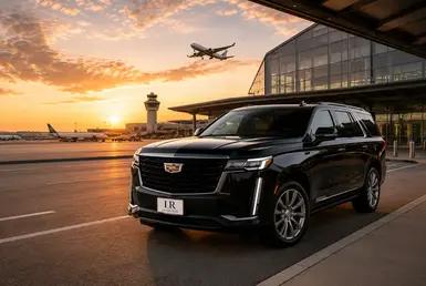 Houston airport to Alexandria transfer service featuring a luxury Cadillac Escalade SUV at an airport terminal.