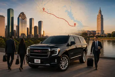 Luxury GMC Yukon with Lavish Ride branding parked between Houston and Alexandria landmarks, featuring a visual route map connecting both cities as business travelers prepare for long-distance executive transportation.