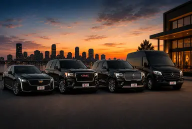 Luxury vehicle fleet for Houston to Alexandria transportation featuring a Cadillac sedan, Lincoln Navigator, Ford Expedition, and Mercedes Sprinter van.