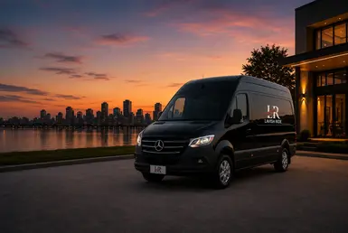 Black executive Sprinter van Infront of a building waiting the customers. Book Your Houston to Alexandria Transportation