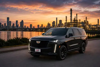 Executive and industrial transportation across Southeast Texas featuring a luxury Cadillac Escalade near a refinery and business district.