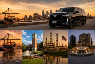 Golden Triangle destinations served by luxury transportation, including Port of Beaumont, Lamar University, Port Arthur Industrial District, and Downtown Beaumont.