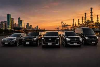 Luxury vehicle fleet for Houston to Beaumont transportation featuring a Mercedes S-Class, Chevrolet Suburban, Cadillac Escalade, Lincoln Navigator, and Sprinter van.