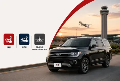Houston airport to Brenham transportation featuring a luxury Ford Expedition SUV, private jet, and professional chauffeur serving IAH, HOU, FBOs, and private airports.