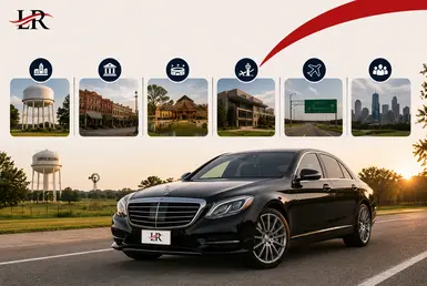 Luxury Mercedes-Benz sedan with the Lavish Ride logo parked in Brenham, Texas, near the Brenham water tower and local landmarks.