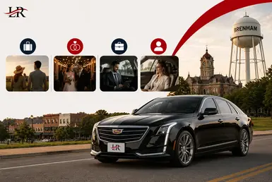 Black Cadillac luxury sedan providing Houston to Brenham transportation for weekend travelers, wedding guests, business professionals, and personalized private travel, featuring Lavish Ride branding.