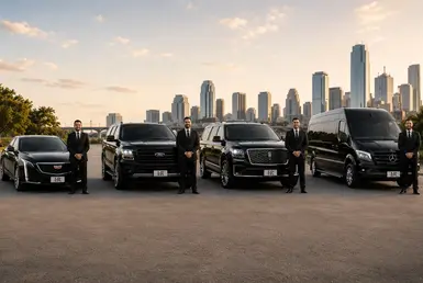 Houston intercity luxury transportation fleet featuring a Cadillac sedan, Ford Expedition SUV, Lincoln Navigator SUV, and Mercedes Sprinter van with professional chauffeurs.