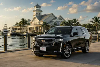 Luxury Cadillac Escalade providing private transportation along the Collegeport waterfront with a marina, yachts, and coastal architecture in the background.