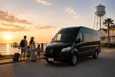 Black Mercedes-Benz Sprinter van providing family and group transportation between Houston and Collegeport, with travelers arriving at a coastal destination for a relaxing getaway.