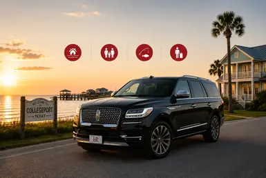 Lincoln Navigator providing Houston to Collegeport transportation for vacation property owners, Gulf Coast families, outdoor enthusiasts, and travelers seeking personalized private travel.