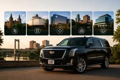 Waco destinations served by luxury transportation, including Baylor University, Magnolia Market, Baylor Scott & White Medical Center, Downtown Waco, and Central Texas business districts.