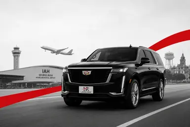 Black Cadillac Escalade providing Houston airport transfers to Temple and Killeen, featuring Lavish Ride branding, airport terminal backdrop, and luxury chauffeured transportation.