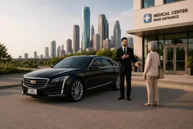 Non-emergency medical transportation featuring a professional chauffeur welcoming a passenger beside a luxury Cadillac sedan outside a medical facility for a comfortable city-to-city journey.