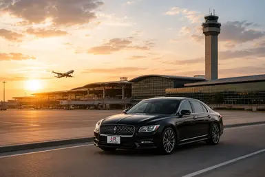 Black Lincoln Continental providing Houston Airport to Lufkin transfers from IAH, HOU, and private airports, featuring Lavish Ride branding and luxury transportation service.