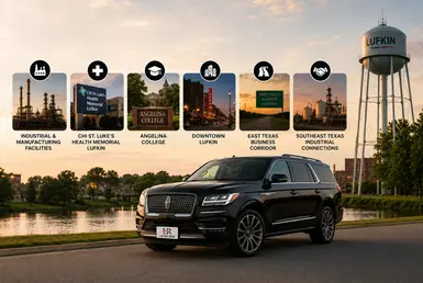 Black Lincoln Navigator serving Lufkin destinations, including healthcare facilities, Angelina College, downtown business districts, industrial sites, and East Texas business corridors, featuring Lavish Ride branding.
