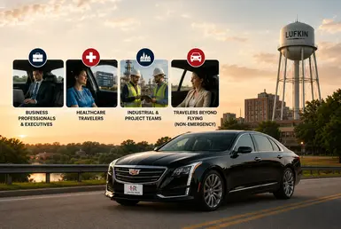 Black Cadillac sedan providing Houston to Lufkin transportation for business professionals, healthcare travelers, industrial teams, and private travelers, featuring Lavish Ride branding.