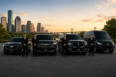 Houston intercity luxury transportation fleet featuring a Cadillac sedan, Chevrolet Suburban, Lincoln Navigator, and Mercedes Sprinter van with professional chauffeurs.