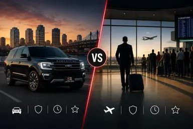 Private transportation vs self-driving comparison featuring a luxury Mercedes-Maybach sedan, highlighting the comfort, convenience, and efficiency of chauffeur-driven travel.