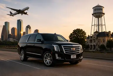Cadillac Escalade providing airport transfers between Houston and Seguin, featuring luxury chauffeured transportation, airport pickups, and comfortable executive travel.