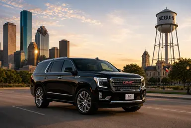 GMC Yukon comparing private transportation with driving or flying, highlighting comfortable, flexible, and efficient travel between Houston and Seguin.