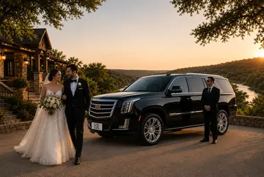 Bride and groom beside a luxury Cadillac Escalade in Wimberley, with a professional chauffeur standing nearby, showcasing private wedding and special event transportation.
