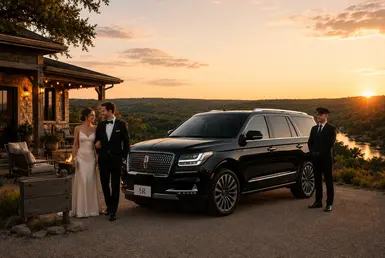 Lincoln Navigator at a Hill Country retreat overlooking scenic Wimberley landscapes, providing luxury transportation for getaways, weekend escapes, and private travel.