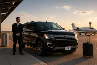 Ford Expedition at a Houston airport providing luxury transfers to Wimberley, featuring a professional chauffeur, private aviation setting, and comfortable Hill Country transportation.