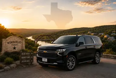 Chevrolet Tahoe overlooking Wimberley Hill Country, providing luxury transportation to local attractions, scenic destinations, outdoor recreation areas, and weekend getaway locations.