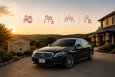 Mercedes-Benz S-Class providing luxury transportation to Wimberley for wedding guests, couples, retreat attendees, event groups, and personalized Hill Country travel.