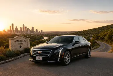 Luxury Cadillac sedan comparing private transportation and self-driving between Houston and Wimberley, highlighting comfortable, stress-free Hill Country travel.
