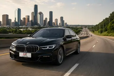 Luxury BMW 7 Series chauffeur sedan with the Lavish Ride logo on the license plate traveling north from Houston toward Huntsville on a scenic Texas highway with the Houston skyline in the background.