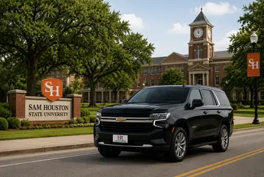 Black Chevrolet Tahoe providing transportation to Sam Houston State University in Huntsville, featuring Lavish Ride branding and a university campus backdrop.