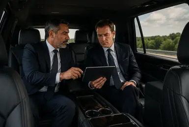 Two business executives discussing strategy in the spacious rear cabin of a luxury chauffeur-driven SUV while traveling from Houston to Huntsville for executive and government meetings.