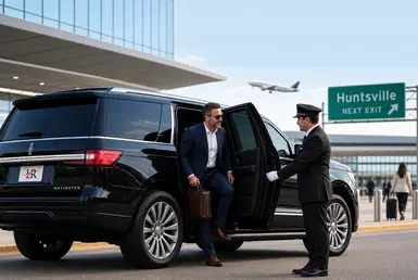 Luxury Lincoln Navigator airport transportation with a professional chauffeur welcoming a business traveler outside the terminal before departing from Houston Airport to Huntsville.