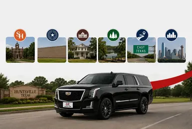 Luxury Cadillac Escalade near the Huntsville welcome sign with landmark images showcasing major Huntsville destinations and attractions.